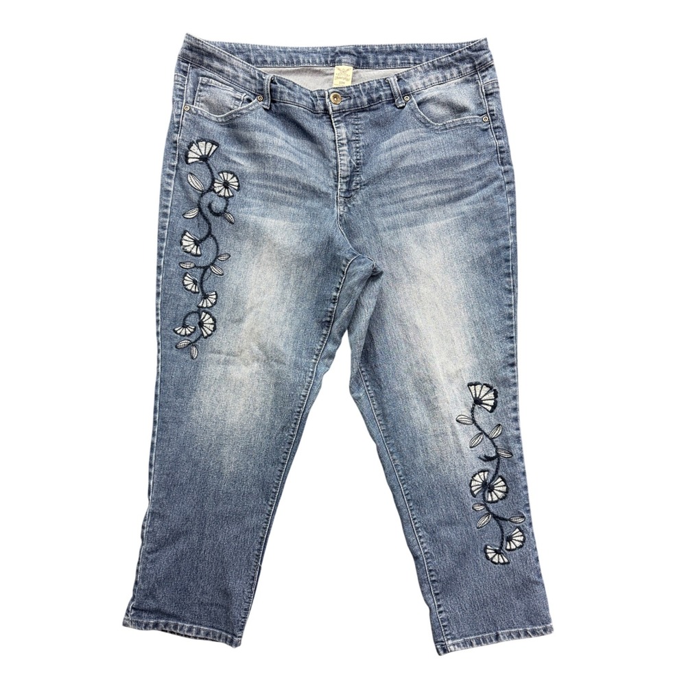 Faded Glory Embroidered Cropped Jeans Women 22W Blue Floral Denim Boho Casual